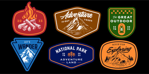 colorful mountain rustic badge design for t-shirt. set collection of vintage adventure badge. Camping emblem logo with mountain illustration in retro style isolated on black background - obrazy, fototapety, plakaty