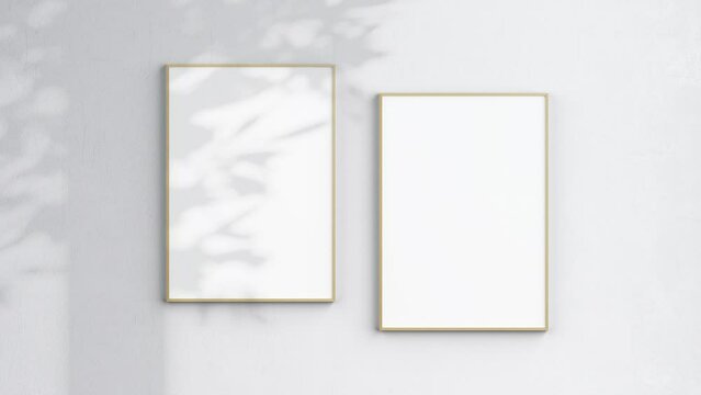Two Poster Frames Video Mockup A ISO, Wooden Blank Frames On White Wall, Poster Mockup, Minimalist Motion Mockup