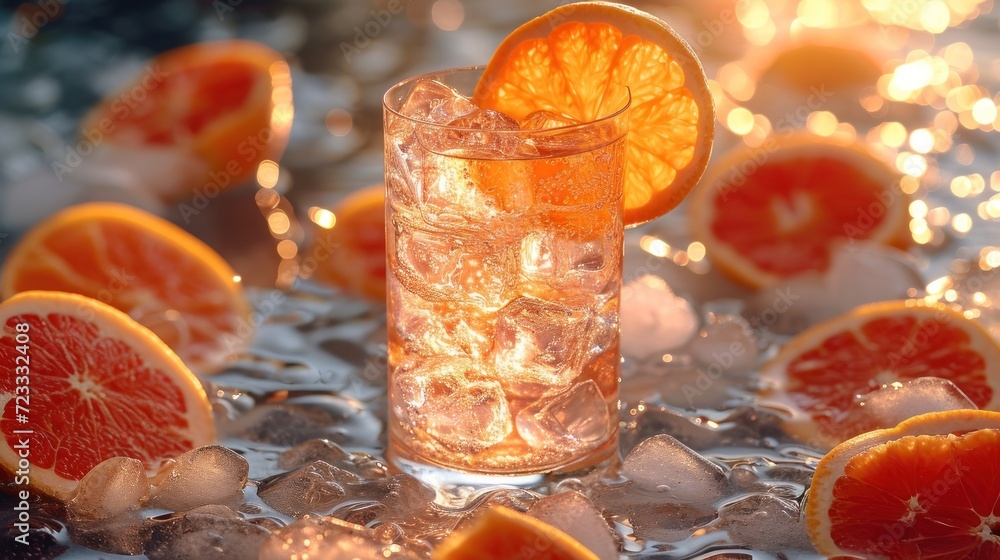 Poster  a close up of an orange slice in a glass of water with ice on a table with other oranges and ice cubes around the glass and on the table.