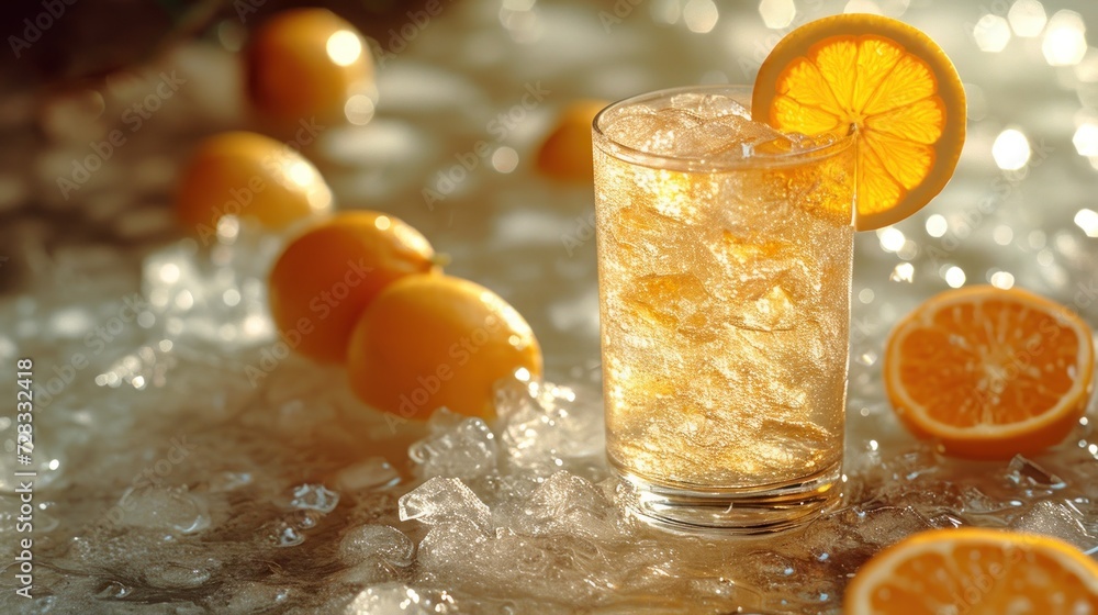 Poster a close up of a glass of water with an orange slice on top of it and a group of oranges in the backg