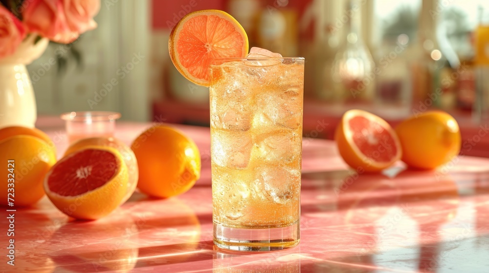 Poster a close up of a drink on a table with grapefruits and oranges in the background and a vase of flower
