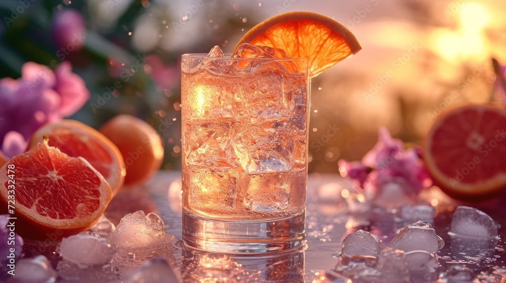 Poster  a close up of a glass of ice with a grapefruit and grapefruit on a table with other grapefruits and flowers in the background.