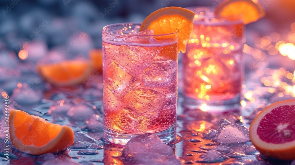 Poster a table topped with two tall glasses filled with ice and slices of grapefruit next to a half of a gr