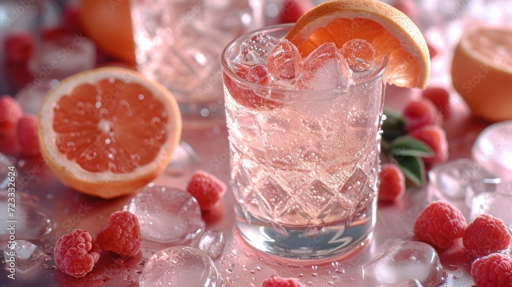 Poster a close up of a glass of ice water with a slice of orange and raspberries on a table with ice cubes 