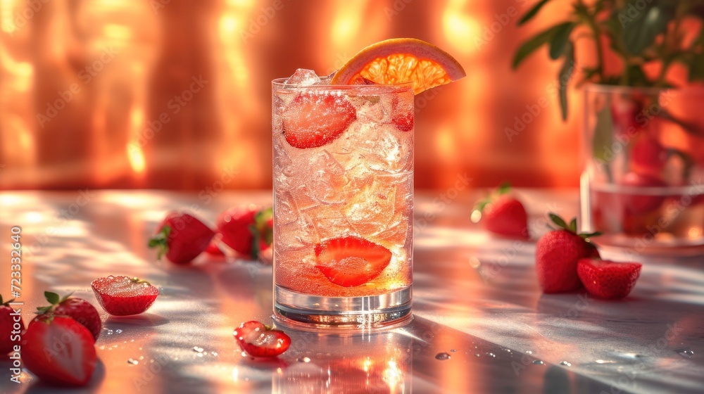 Poster  a close up of a drink on a table with strawberries and orange slices on the table and a vase full of strawberries and oranges in the background.