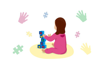 Baby girl play with blocks. Cubes tower, letters autism Vector Isolated. World Autism Awareness Day.
