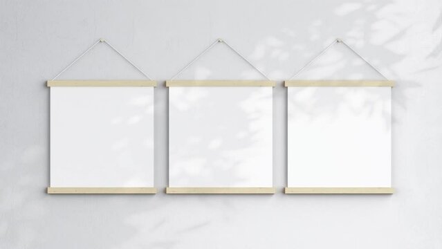 Three Square Magnetic Poster Bars Video Mockup, Wooden Hanging Blank Frame On White Wall, Poster Hanger Mockup, Minimalist Motion Mockup