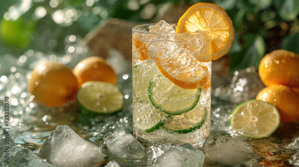 Poster a close up of a glass of water with lemons and limes in the background and ice cubes on a table with