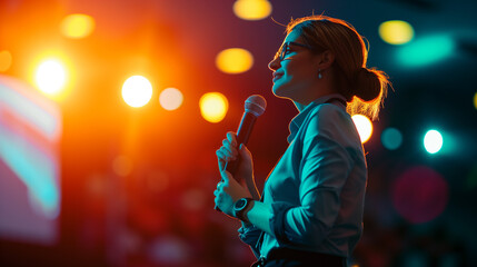 Woman standing on stage speaking in a microphone and addressing the audience. - obrazy, fototapety, plakaty