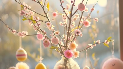  a vase filled with eggs sitting next to a branch of a tree with pink flowers and easter eggs hanging from it's branches in front of a window sill.