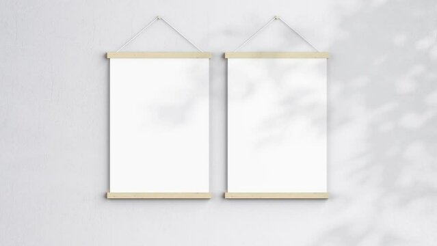 Two Magnetic Poster Bars Video Mockup A ISO, Wooden Hanging Blank Frame On White Wall, Poster Hanger Mockup, Minimalist Motion Mockup