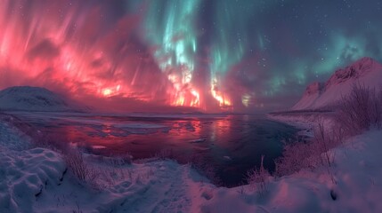  an aurora bore over a body of water with snow on the ground and a sky full of aurora bores above the water and snow on the ground, and in the foreground.