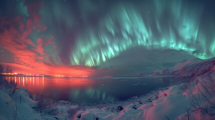  an aurora bore over a body of water with snow on the ground and a sky full of green and red aurora bores above a body of water at night time.