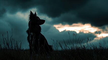 Silhouette of a Lone homeless Dog Against a Stormy Evening Sky. The silhouette of a solitary dog is outlined against the dramatic backdrop of night sky, symbolizing the plight of homeless animals.