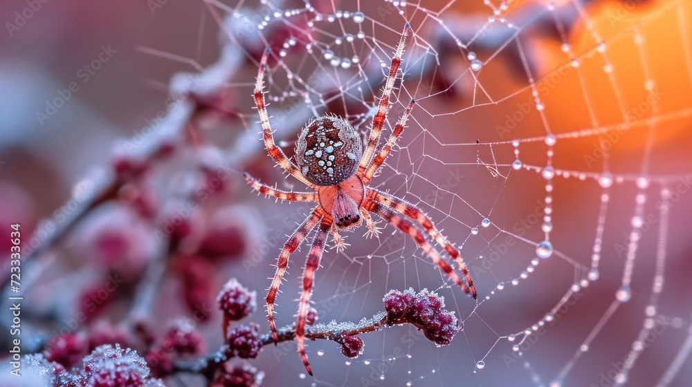 Aufkleber a close up of a spider on a web on a branch with drops of dew on the spider's web, with a blurry bac
