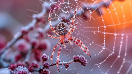 a close up of a spider on a web on a branch with drops of dew on the spider's web, with a blurry background of red berries.