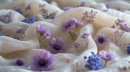  a bunch of purple flowers sitting on top of a bed of white fabric with blue and purple flowers on the top of the sheets of the sheets of a bed.