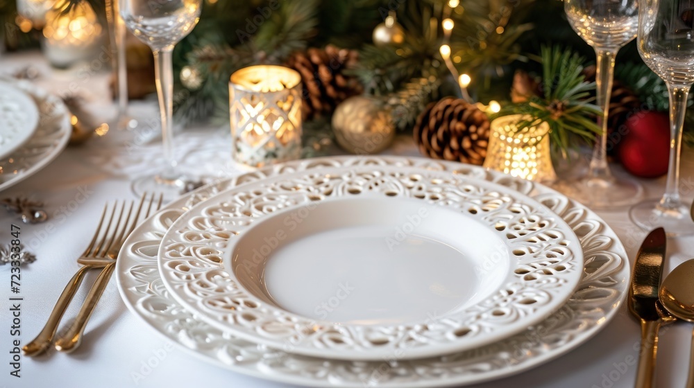 Poster a close up of a plate on a table with silverware and a christmas tree in the background with pine co