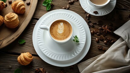 a cup of cappuccino on a saucer next to a plate of croissants and a tray of croissants on a wooden table.