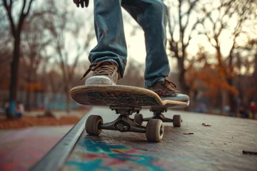 Zelfklevend Fotobehang Feet on a skateboard in a skatepark © Eomer2010