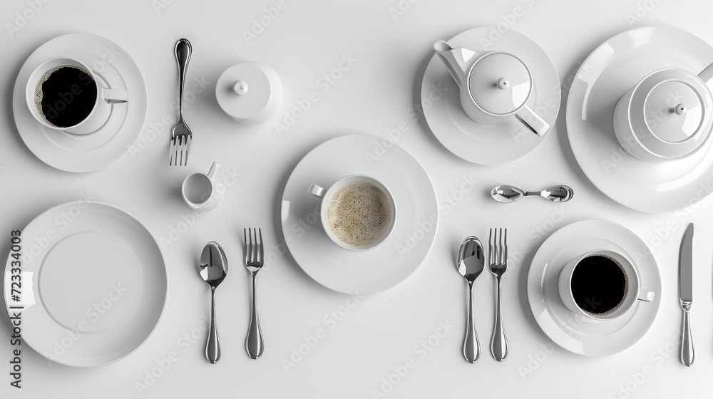 Poster a white table topped with a cup of coffee next to a plate with a spoon and a spoon rest next to a pl