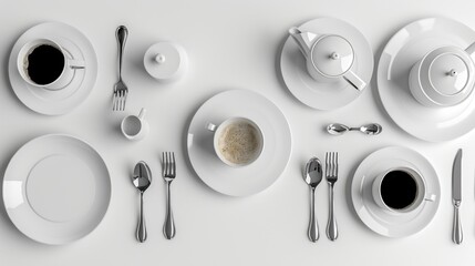  a white table topped with a cup of coffee next to a plate with a spoon and a spoon rest next to a plate with a cup and saucer on it.
