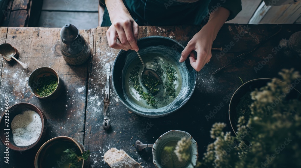 Aufkleber a person sitting at a table with a bowl of food in front of them and a teapot on the side of the tab