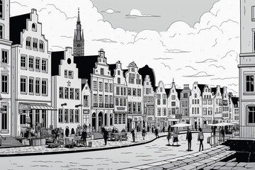 Black and white illustration of a Scandinavian cityscape. Crowded city and pedestrians, cityscape, concept of life in a European city. Cartoon comic style drawing. - obrazy, fototapety, plakaty