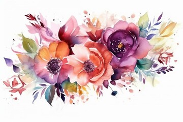 Watercolor floral border on white background. Generative AI