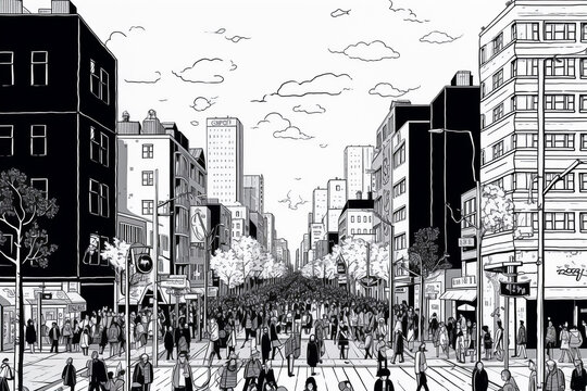 Black and white illustration of a somewhere big city. Crowded city and pedestrians, cityscape, concept of life in urban big city. Cartoon comic style drawing.