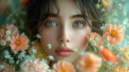  a close up of a person with flowers in front of her face and a background of flowers in the foreground and behind her is a woman's face with blue eyes.