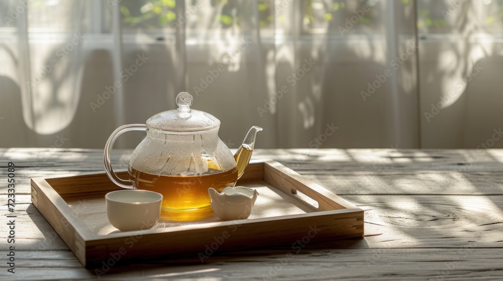 Poster a tea set on a tray with a cup of tea and a teapot on a wooden table in front of a window with sheer