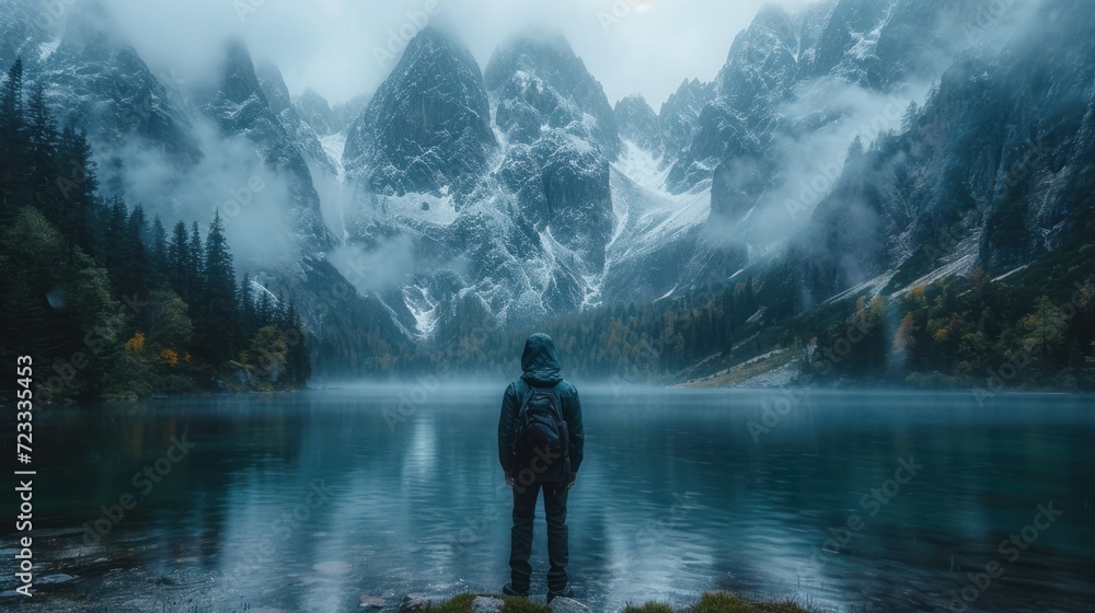 Poster a person standing in front of a body of water with a mountain range in the background and fog hangin
