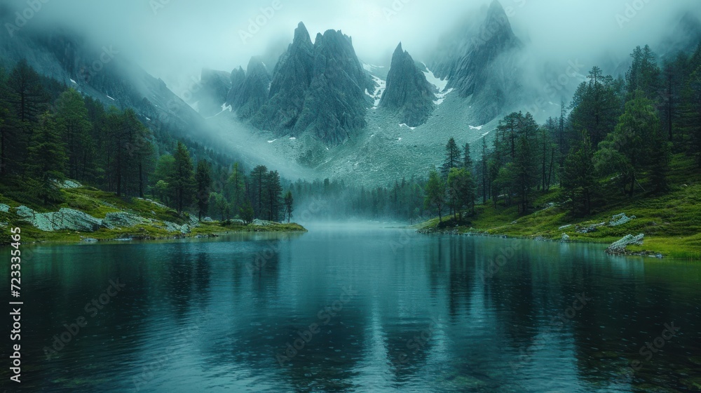 Poster a body of water surrounded by trees and a mountain in the distance with fog on the top of the mounta