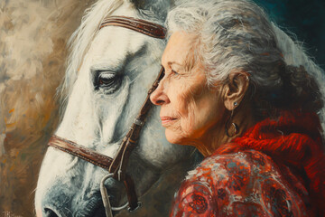 Ältere Frau mit weißem Haar und ihrem Schimmel in liebevollem Beisammensein - obrazy, fototapety, plakaty