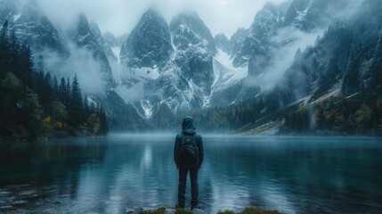  a person standing in front of a body of water with a mountain range in the background and fog hanging over the top of the water and the mountains in the foreground. - Powered by Adobe