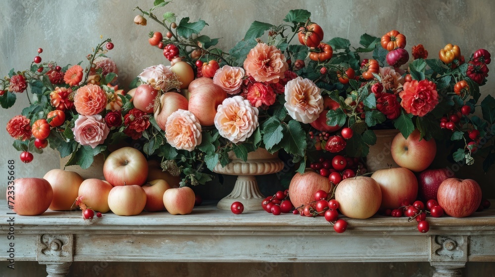 Poster a table topped with a vase filled with lots of different types of flowers and fruit sitting on top o
