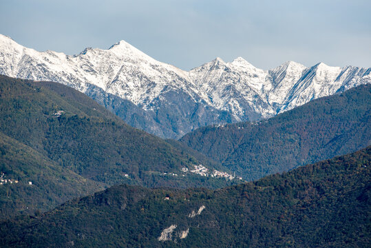 Magnificent view of the southern Alps seen from Monte Crocione at lake Como