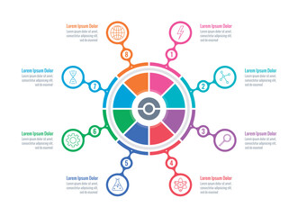 linked circles information template. colorful circle infographic. eight steps infographic design