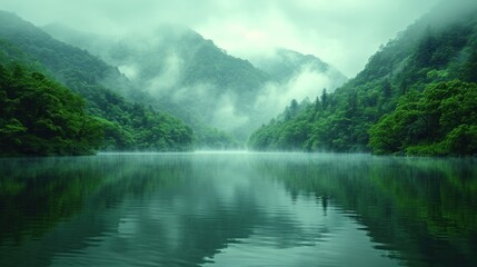  a body of water surrounded by lush green trees and a mountain range in the distance with a foggy sky in the middle of the middle of the middle of the picture.