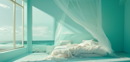A bed canopy in a serene beach scene print, set in a room with walls in a calming aqua hue