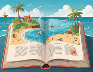Summer Beach Scene with Open Book, Relaxing Atmosphere, Ideal for Vacation Themes, High-Quality Vector Illustration.