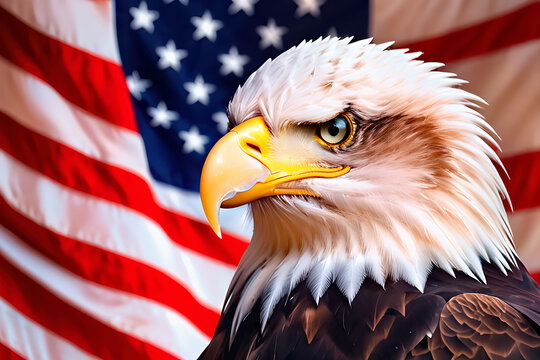 A bald eagle as a symbol of the United States on the background of the American flag.