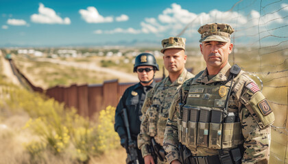Texas National Guard. Portrait of a border patrol agent, a Texas traffic patrol officer and a police officer standing against a border - obrazy, fototapety, plakaty