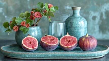  a table topped with vases filled with figs next to a vase filled with flowers and a vase filled with flowers next to a vase filled with figs.