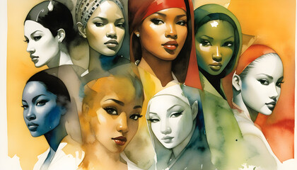 Obraz premium Illustration in pencil, oil paint, photography and watercolor, showing different ethnicities of women around the world 