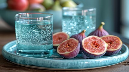  a plate topped with sliced figs next to a glass of water and a bowl of fruit on top of a table with a bowl of apples in the background.