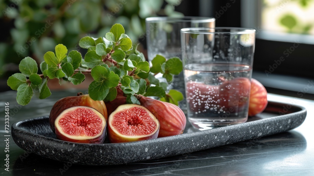 Poster figs and a glass of water sit on a tray on a table in front of a window with a green leafy branch in