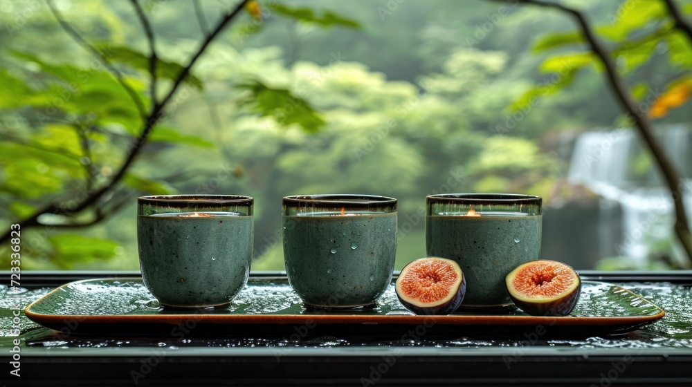Poster  a couple of cups sitting on top of a tray next to a cantaloupe cut in half on a table next to a window sill with a waterfall in the background.