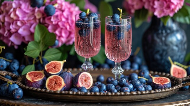  two glasses of wine with blueberries and figs on a tray next to a vase of flowers and a bunch of purple hydranges in front of blueberries.
